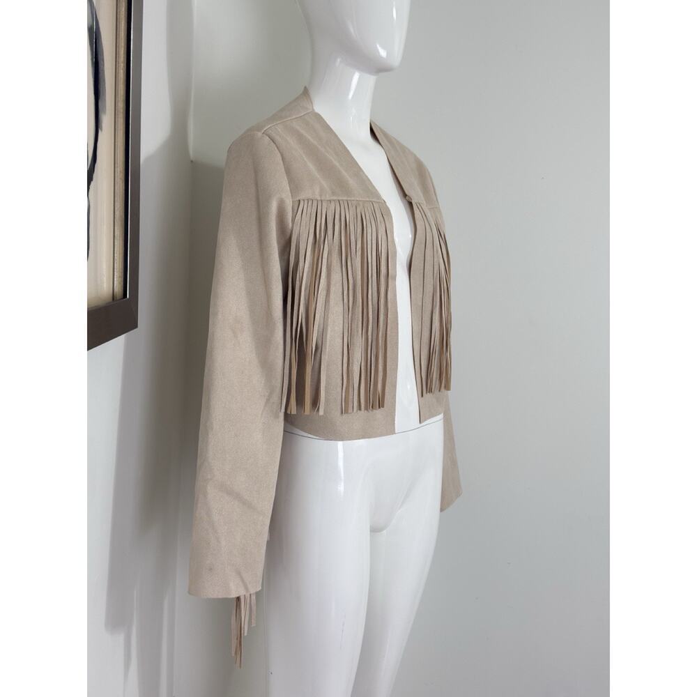 Women’s Boho Western Fringe Faux Suede Jacket Beige Festival Cowgirl Size L - Picture 3 of 13